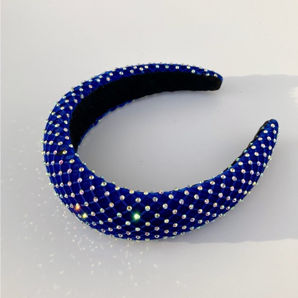 Blue Padded 1.5” Headband with Rhinestone-Adorned Mesh Overlay Handmade - Picture 3 of 10